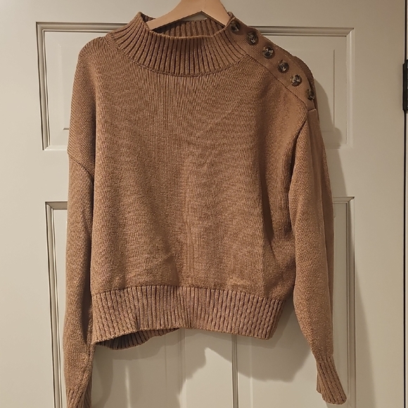 ADEAM Tan Cowl Neck Sweater with Ribbed Detailing - Picture 1 of 6
